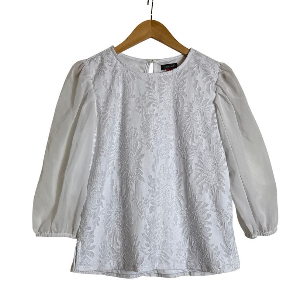 Vince Camuto White Jacquard Floral Textured Blouse Sheer Sleeves Women’s M
